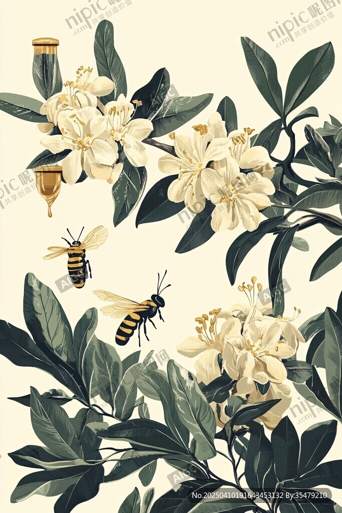 蜜蜂采蜜于洁白花朵间