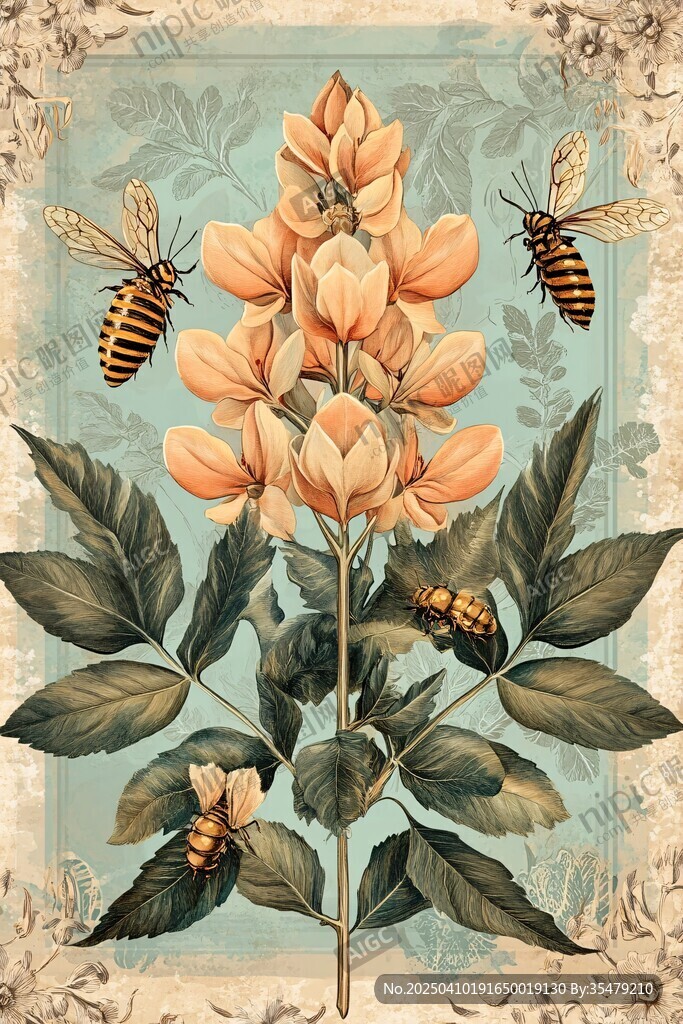复古风花卉蜜蜂插画图