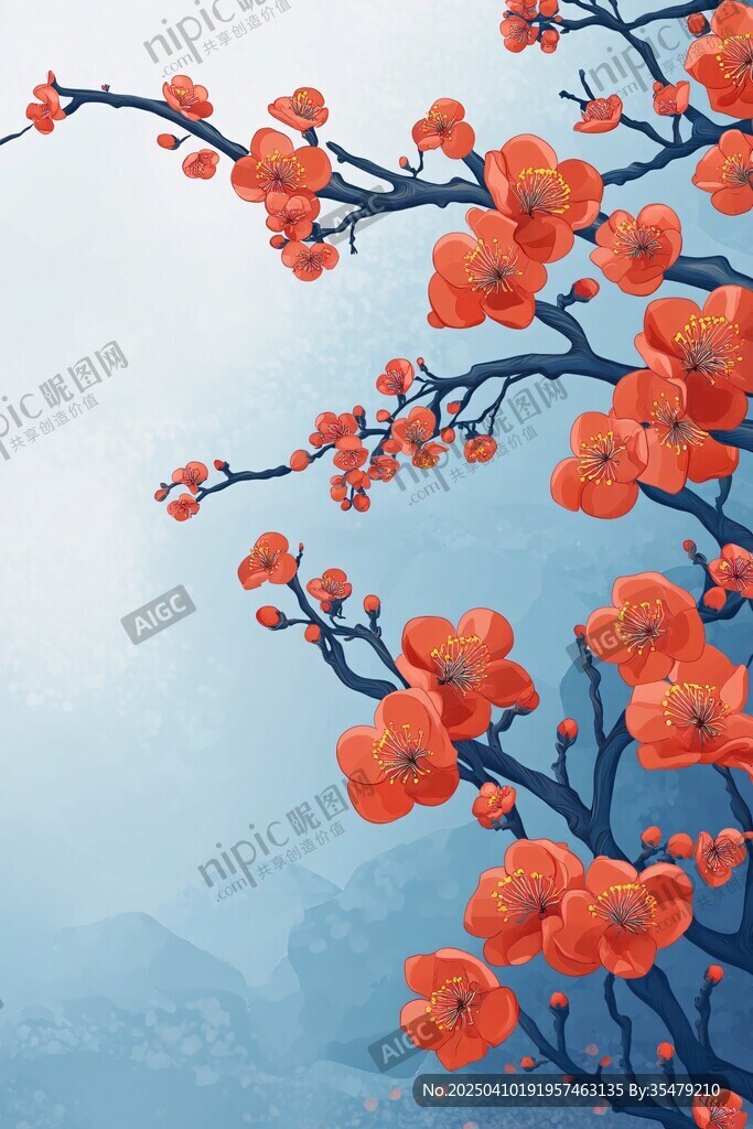 红梅绽放于蓝幕之下