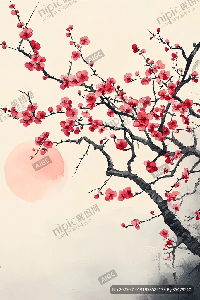红梅映日图