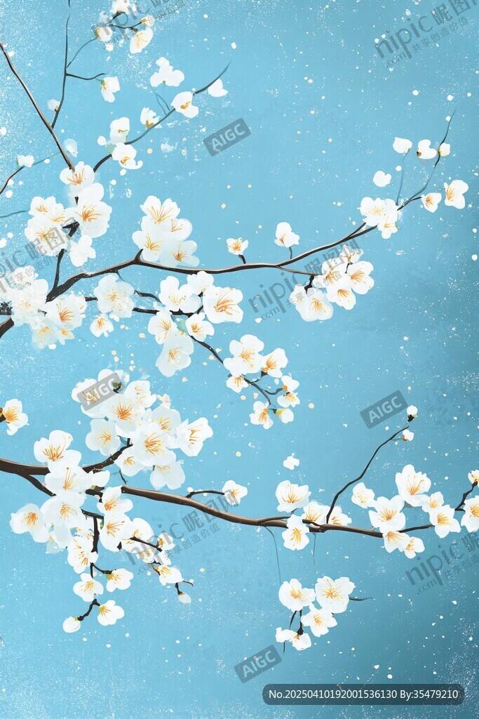 蓝天下绽放的洁白花枝