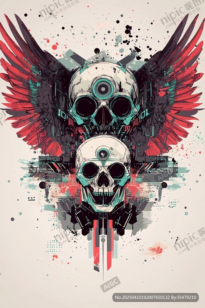 双骷髅配羽翼奇幻插画