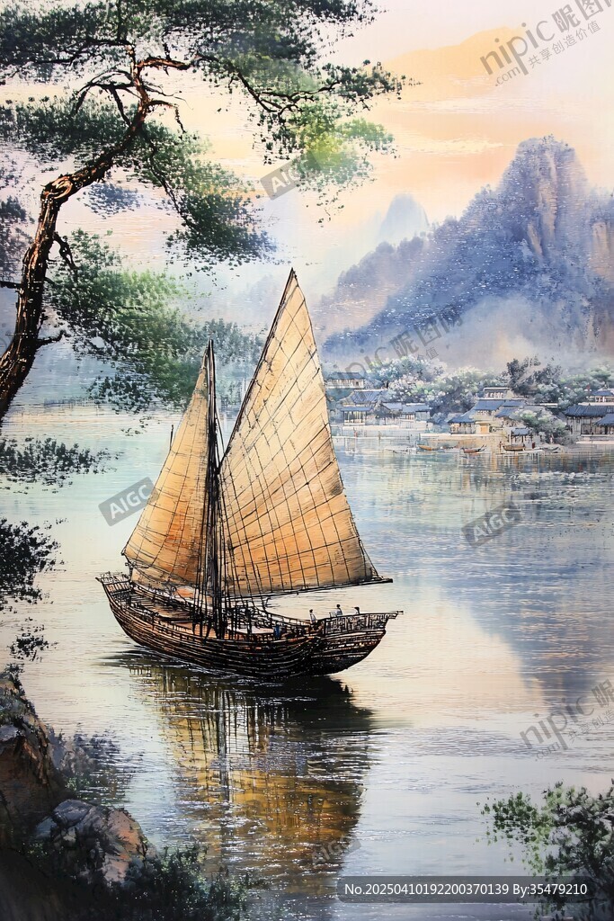 江上帆船图