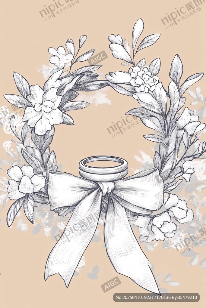 花环中的婚戒手绘插画