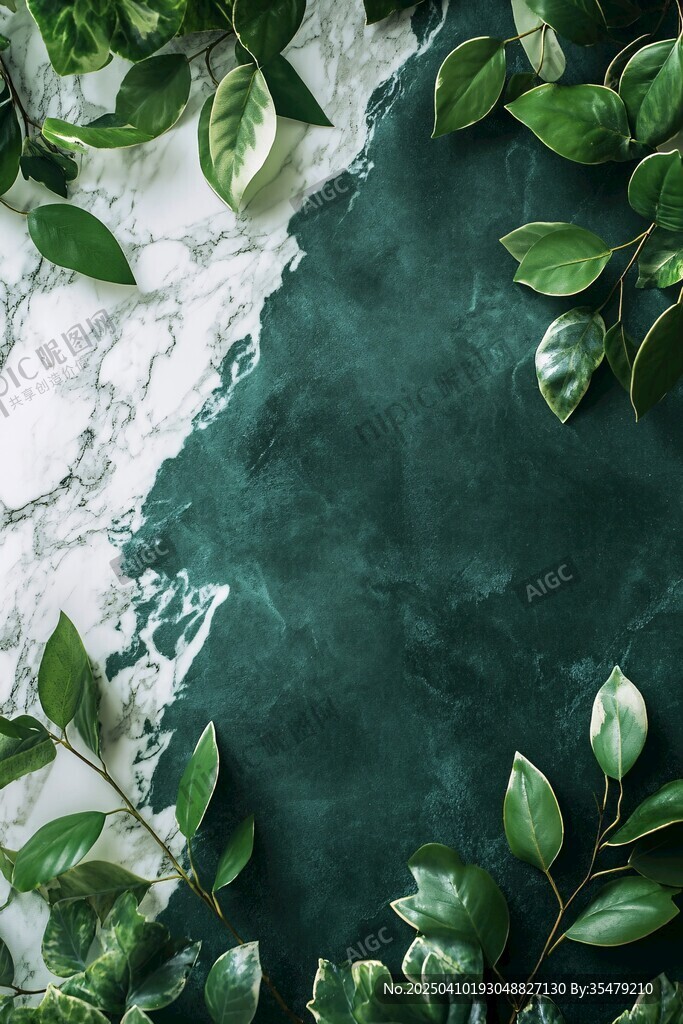 绿叶环绕的大理石与墨绿色背景