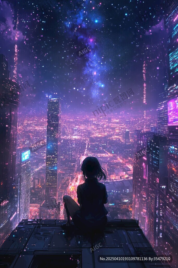 女孩凝望梦幻星空城市