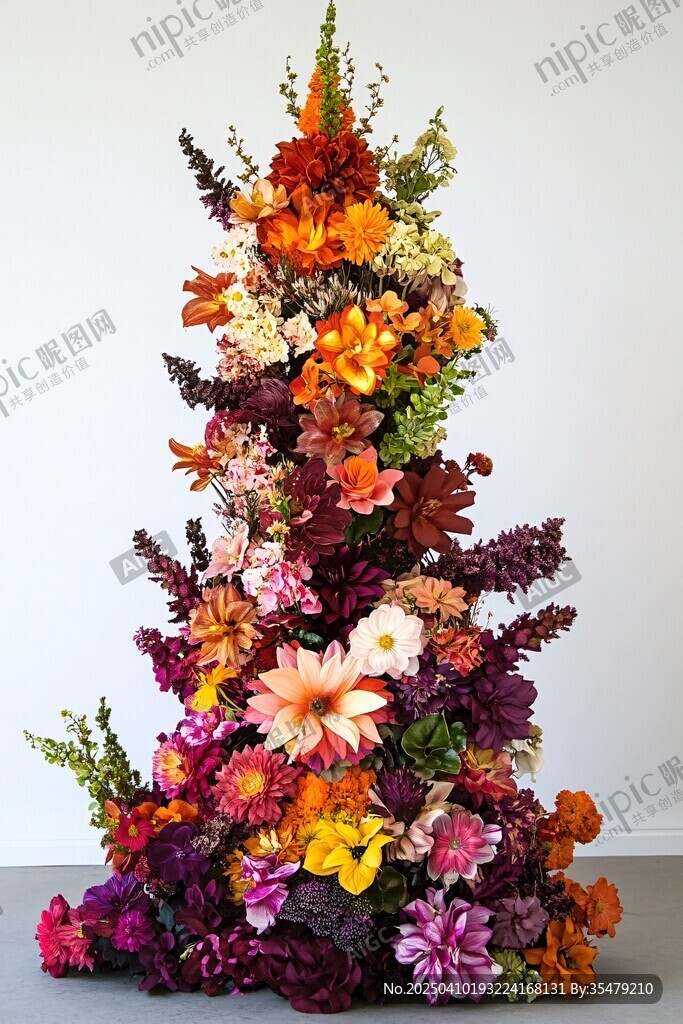多彩花卉堆砌成的艺术花塔