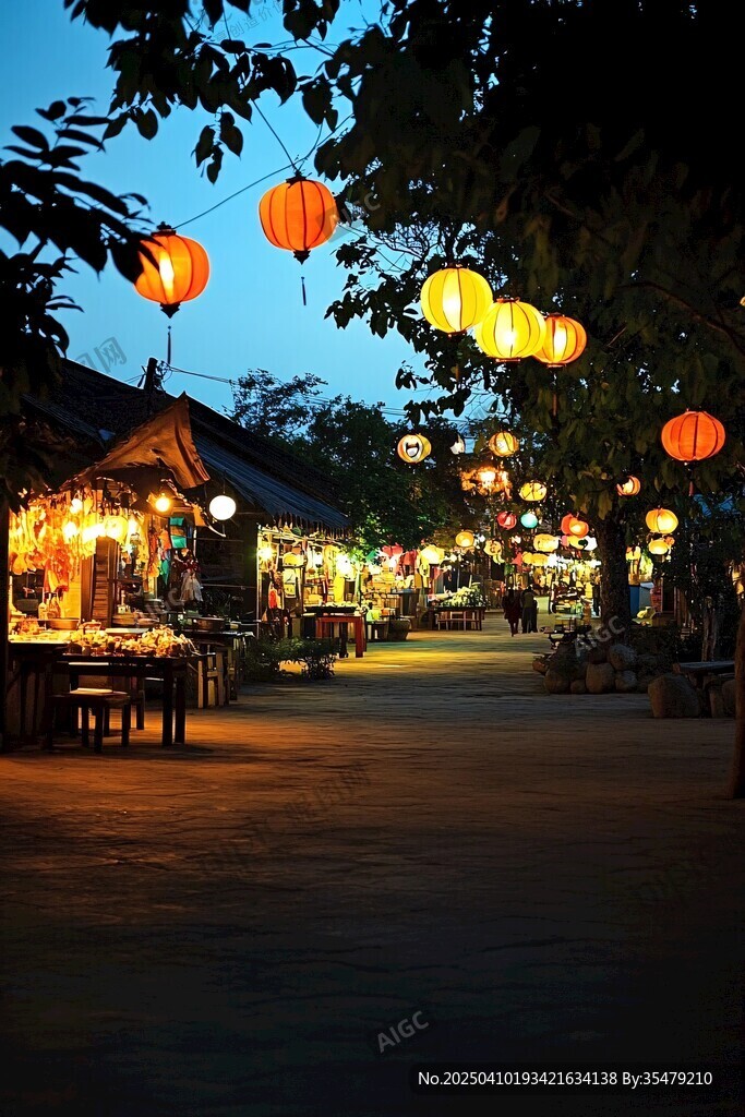 古街夜景 灯笼摇曳灯火明