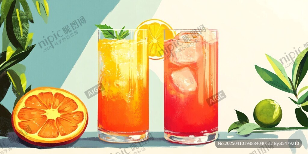夏日缤纷果汁饮品插画