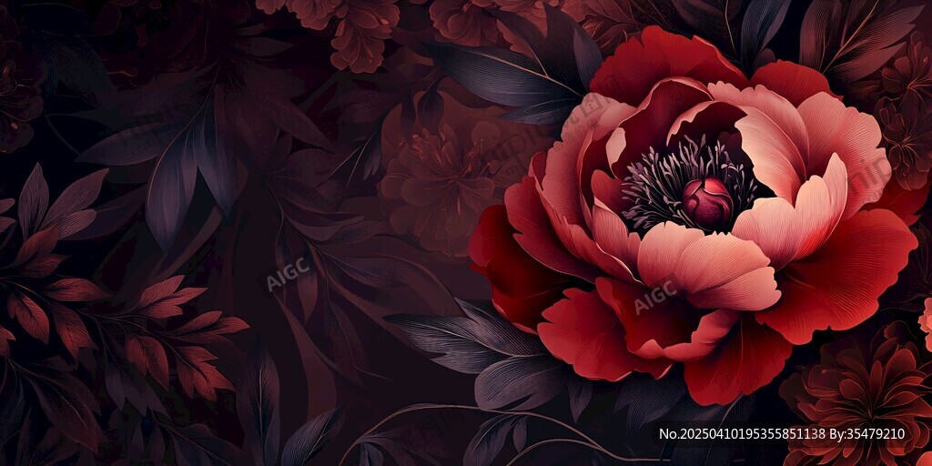 深红牡丹花卉梦幻背景图