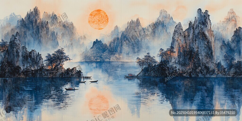 水墨山水间的落日泛舟景