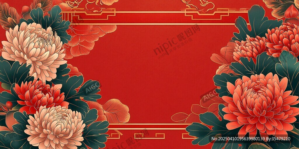 中式红底繁花喜庆背景图