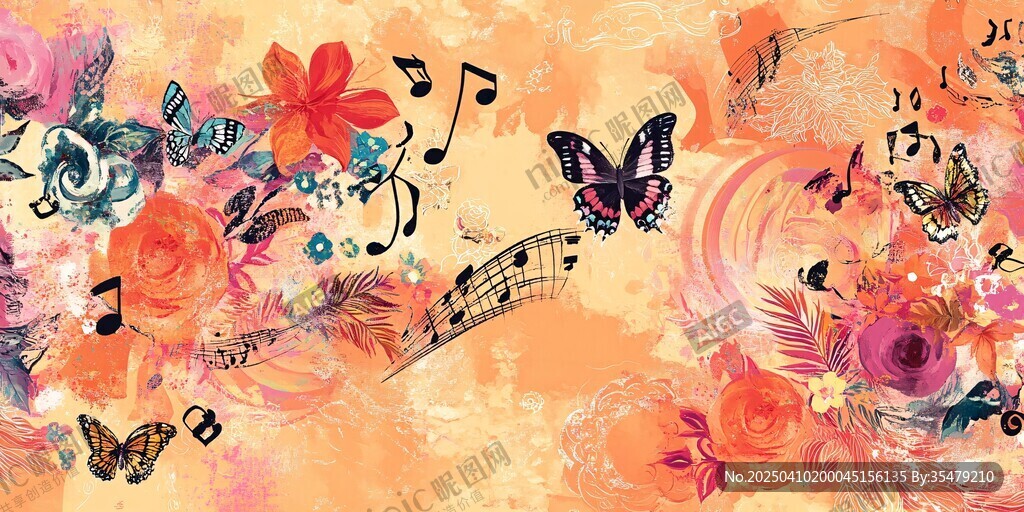 花卉蝴蝶音乐梦幻背景图