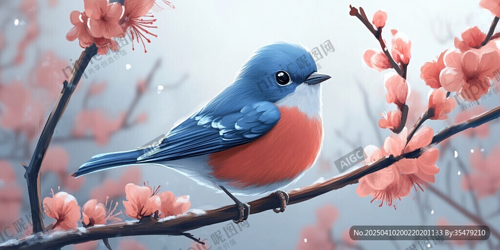 蓝羽红腹小鸟栖于花枝间
