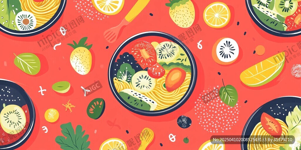 多彩水果意面料理插画