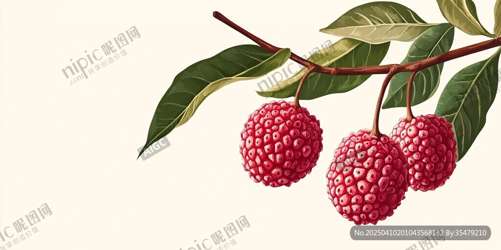 枝头三颗鲜荔枝
