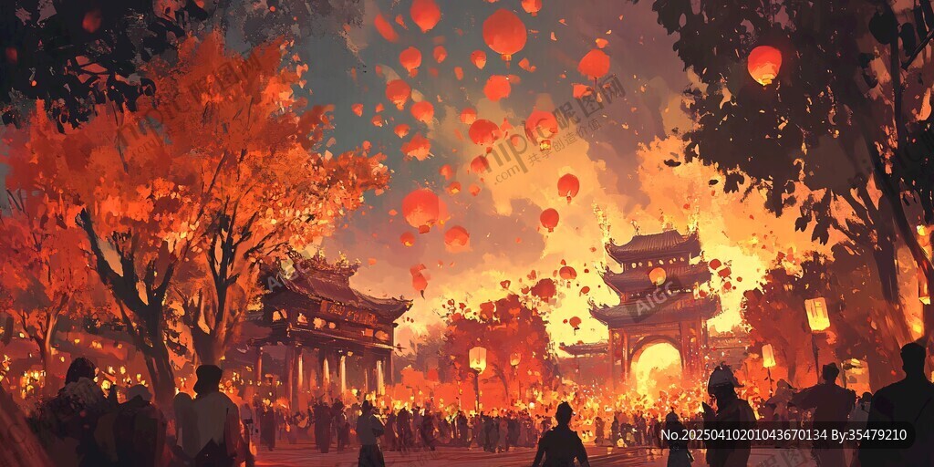 古风灯会夜景 灯笼飘满天