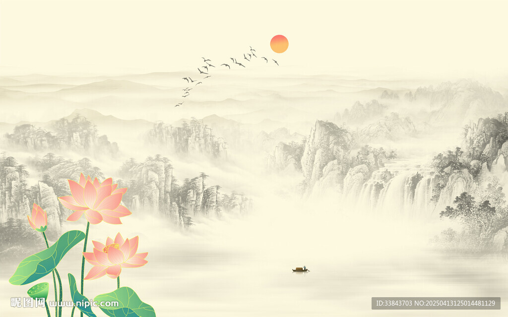水墨荷花背景墙