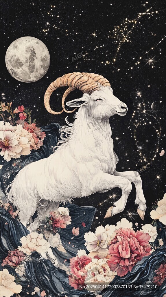 月夜繁花中的梦幻白羊