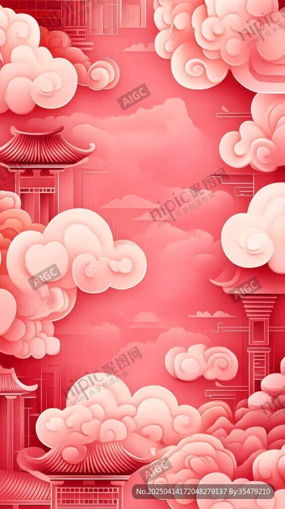 梦幻粉色中式云海古建筑