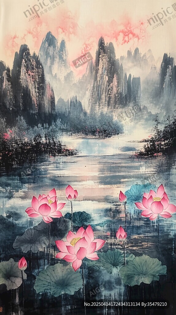 水墨荷花山水意境画作