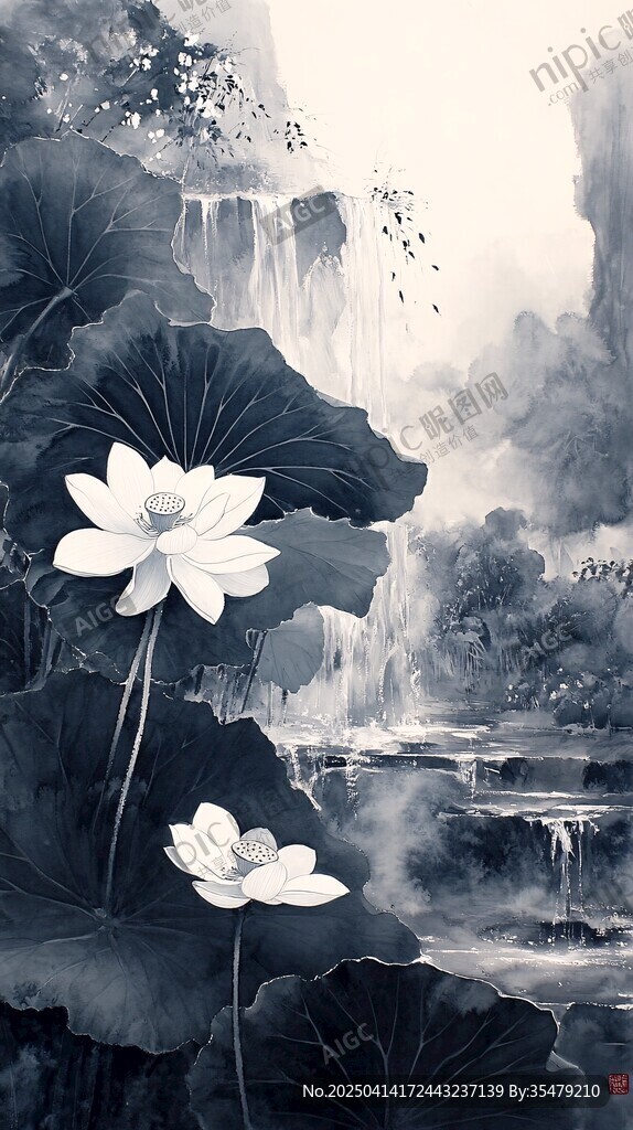 水墨荷花瀑布山水意境图