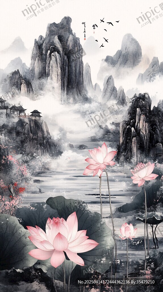 水墨山水间的清雅荷花图