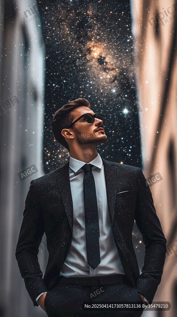 西装男士仰望璀璨星空