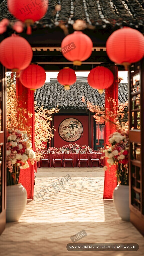 中式庭院红灯笼喜庆景致