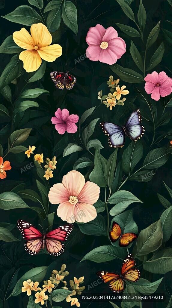 花卉与蝴蝶的梦幻图案