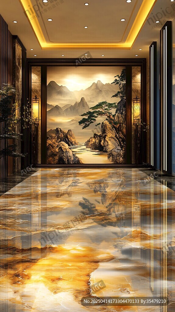 奢华大厅的山水艺术景致