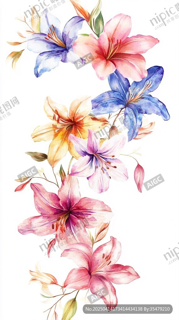 水彩百合花绚丽花卉图案