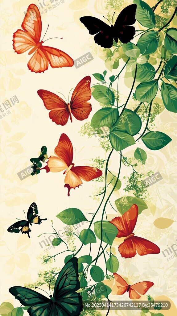蝴蝶与藤蔓的梦幻插画