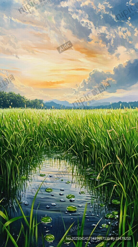 田园湖畔黄昏美景