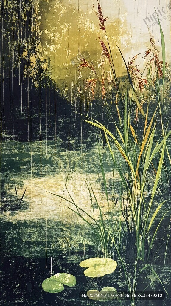 雨中池塘畔的植物景致