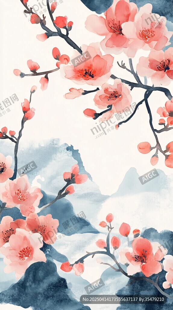 水墨桃花绘山川美景