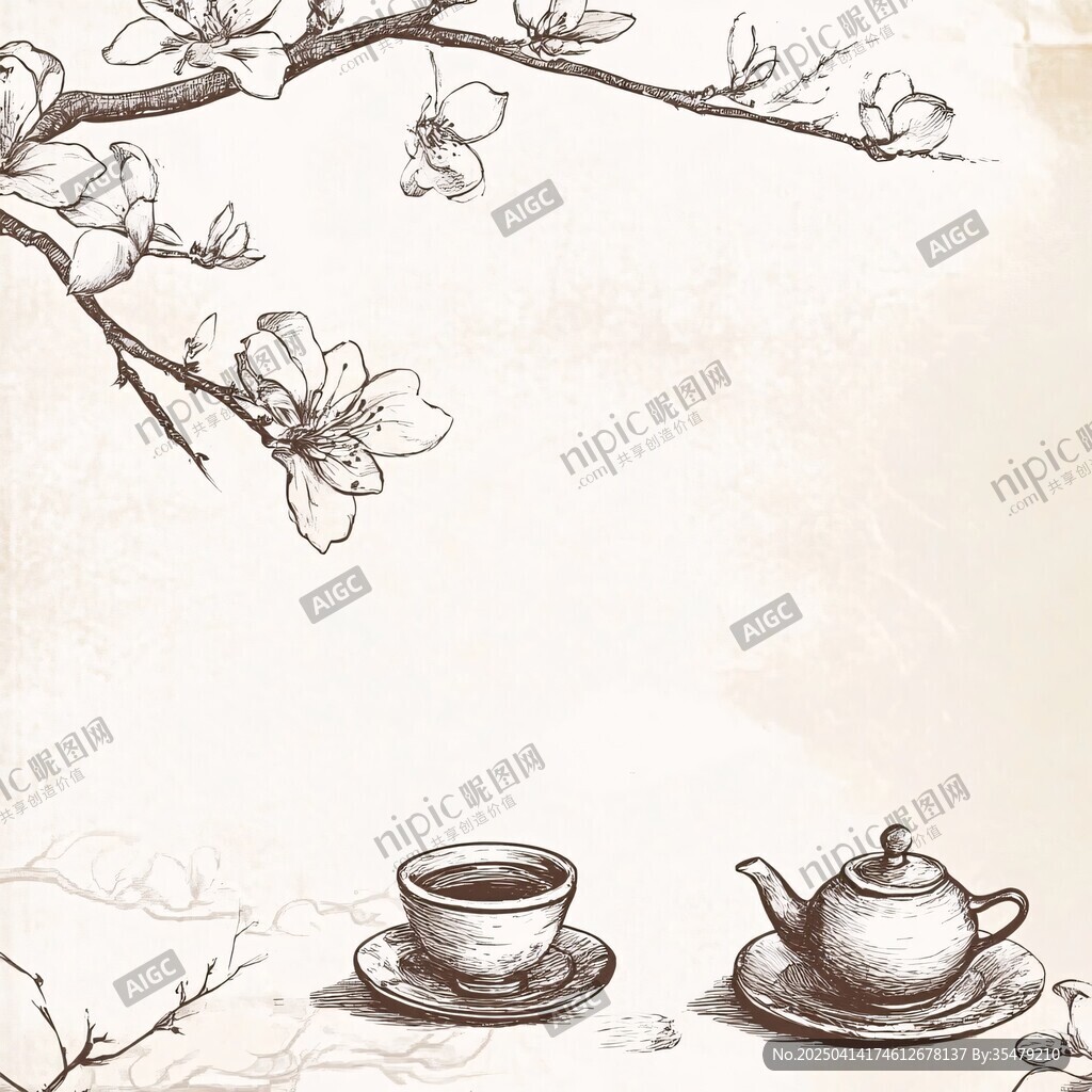 手绘玉兰下的茶具静物图