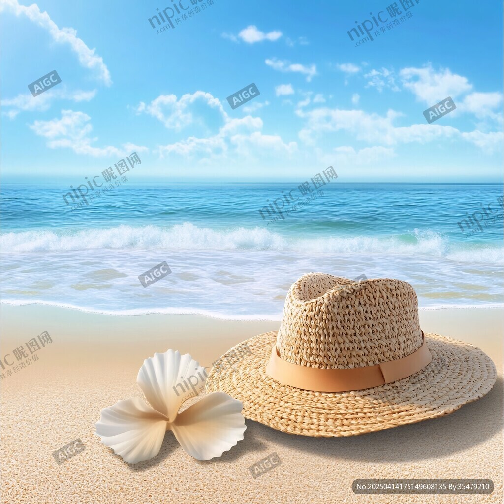 海边草帽与贝壳的悠闲景致