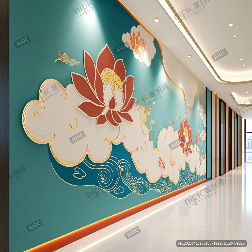 中式走廊莲花祥云壁画