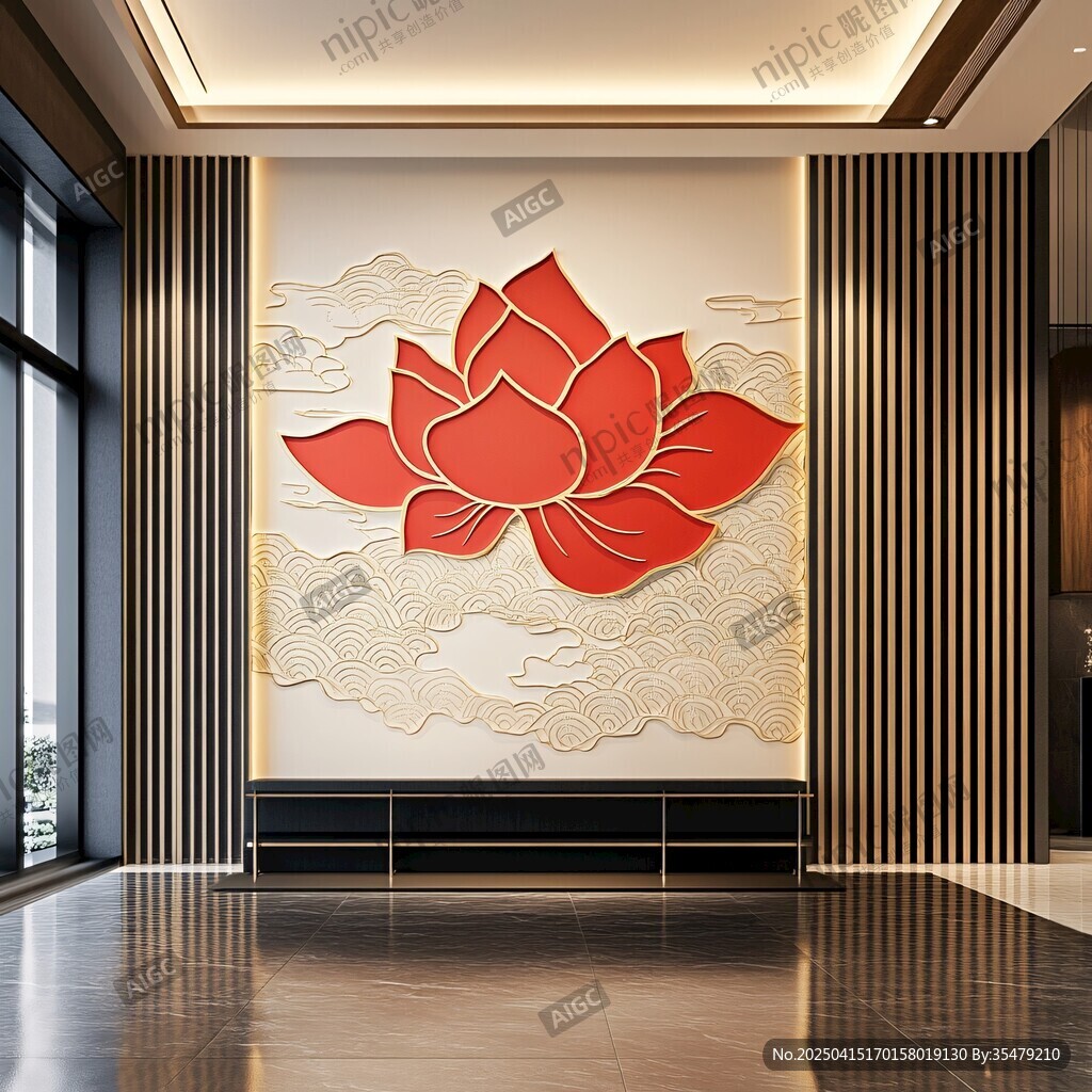 中式大厅莲花艺术背景墙