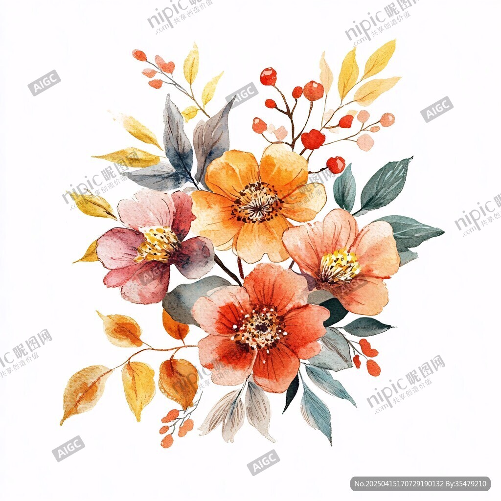 水彩花卉插画 多彩花朵组合