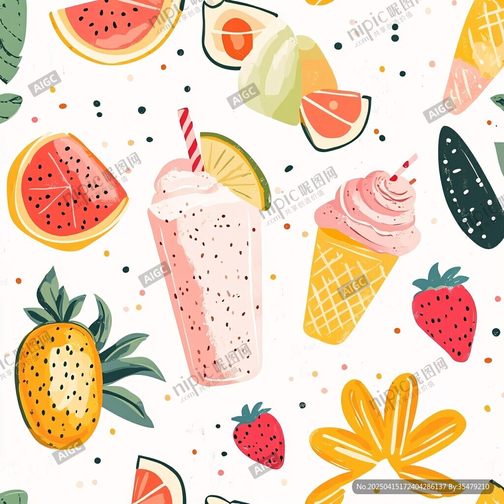 夏日缤纷水果甜品插画