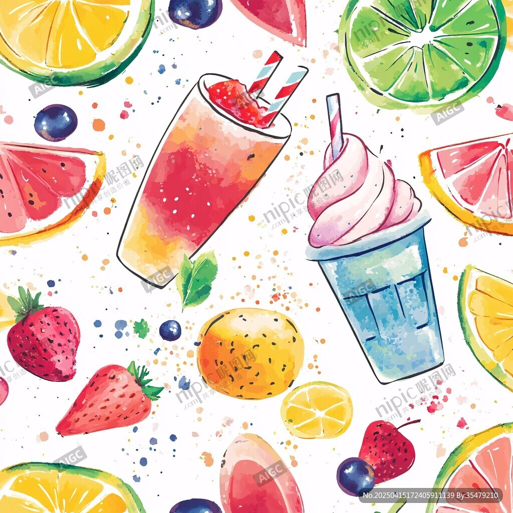 夏日缤纷水果饮品插画