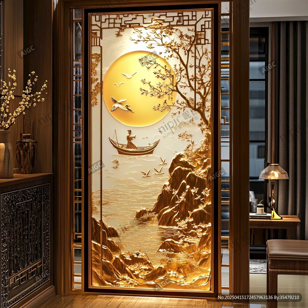 中式浮雕屏风 诗意山水图景