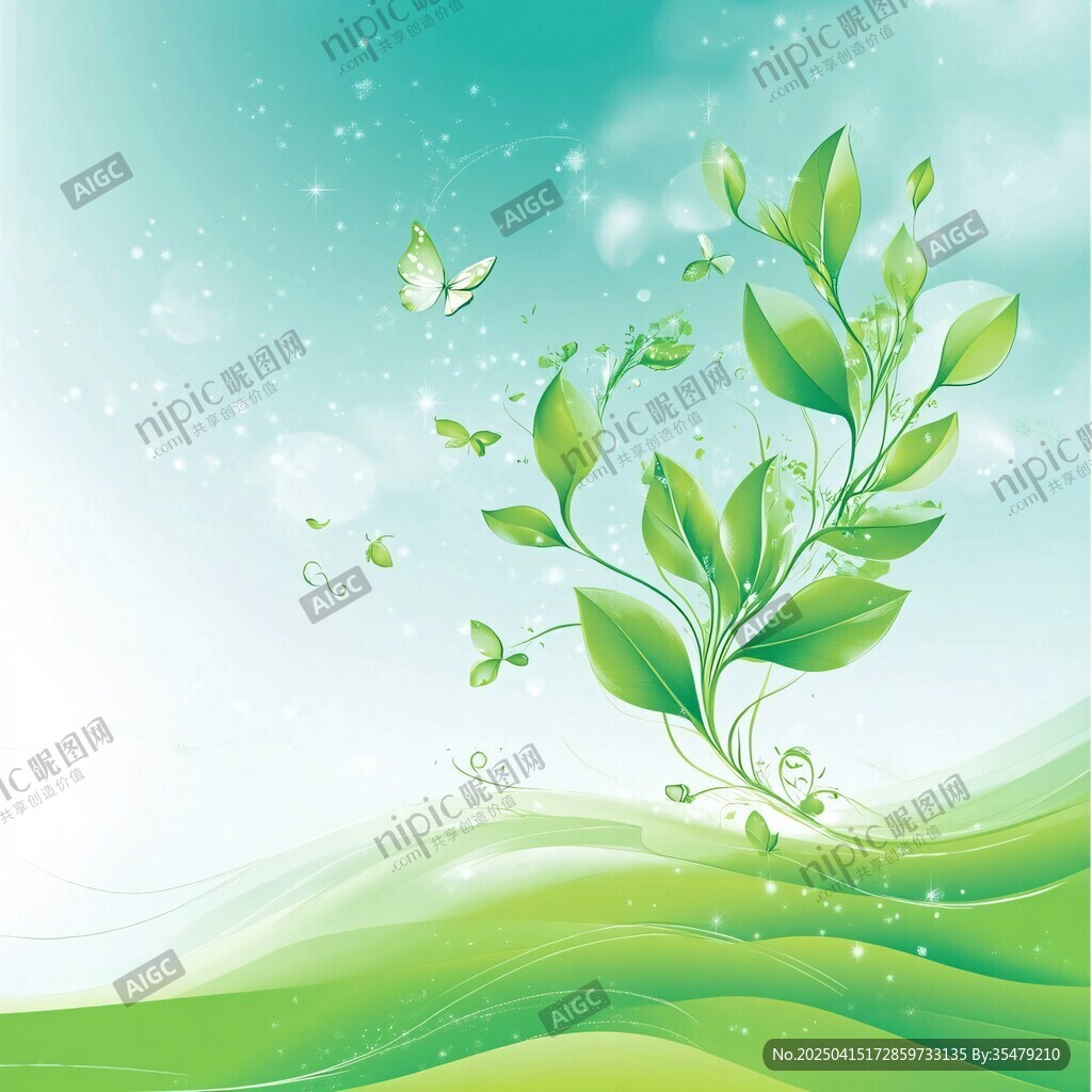 清新绿叶蝴蝶梦幻背景图