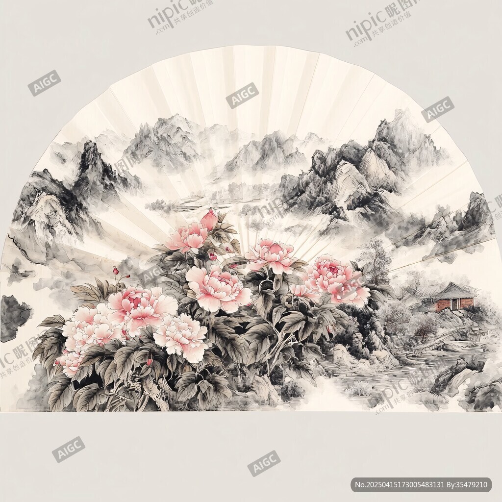 山水牡丹扇面国画作品