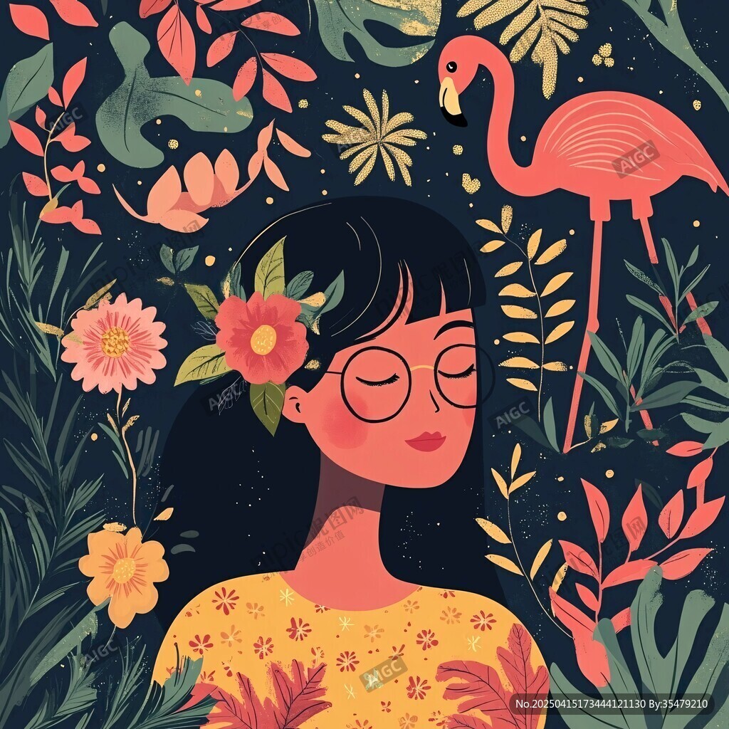 女孩与火烈鸟的奇幻植物世界