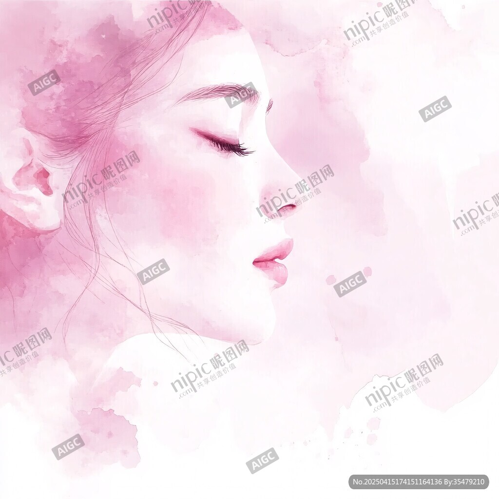 梦幻粉系闭眼女性水彩画