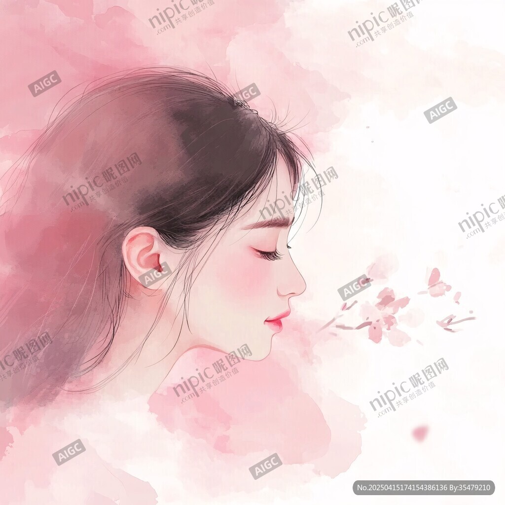 樱花下的柔美少女侧颜