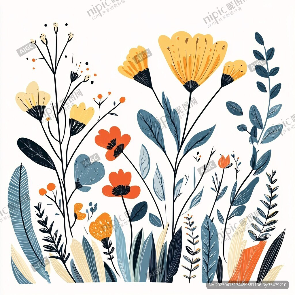 手绘多彩花卉植物插画